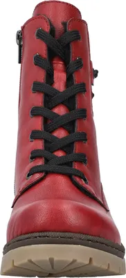 A close-up front view of a red lace-up boot.