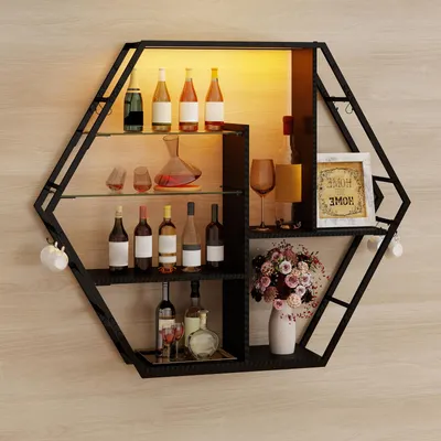 Productafbeelding van Puluomis wandplank met 6 planken, wijnrek, 87x20x100cm, houten en metalen hangplank, grote plank, RGB-LED-verlichting, glazen zwevende plank, met ophangstang