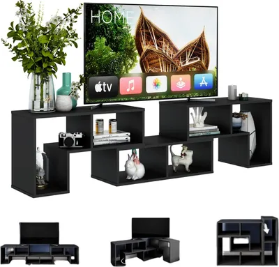 A black modular TV stand with a television on top, displaying a nature scene and app icons. Decorative items and books are placed on the shelves.