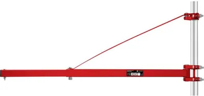 A red cantilever arm is attached to a silver pole with clamps and a red cable.