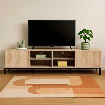 Image de Meuble TV rectangulaire 2 portes L200 cm bois clair - Oviala Ketry