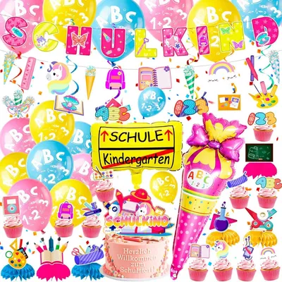 Produktbild von 54-teiliges Einschulungsdeko Set Mädchen 2026 mit Folienballons und Girlande