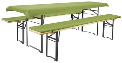 Produktbild von Omgoods – Kissen-Set für Bierbankgarnitur – 3-teilig: 2 Bankkissen (220x25 cm) + Tischdecke (240x90 cm) – Grüne Outdoor-Kissen
