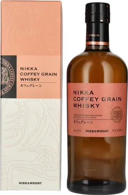 A bottle of Nikka Coffey Grain Whisky and its packaging are displayed against a white background.