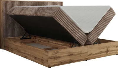 Produktbild von MKS MEBLE Boxspringbett WOOD CLASSIC, Komplett Set mit Multipocket-Matratze und Topper T25, Doppelbett für Schlafzimmer, hohe Kopfteil - 180 x 200 cm - H4 - Braun Cord