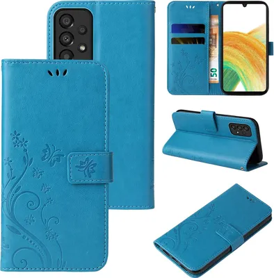 Multiple views of a blue flip phone case with floral and butterfly embossing.
