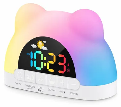 Produktbild von LED Wecker Bärenkopf, multifunktionaler Digitalwecker mit 11 RGB Farben, Nachtlicht, Timer, Musikfunktion und USB Type-C Anschluss