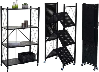 Produktbild von Klappbares Regal auf Rollen KLAP | HxBxT 127x72x34cm | 4 Ebenen | Belastbarkeit 200kg | Schwarz Klappregal Wohnregal Metallregal Lagerregal Bücherregal Küchenregal