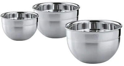 Immagine prodotto di Set di 3 ciotole RÖSLE, di alta qualità, dal design elegante e dalla forma pratica, ideali per la preparazione e la conservazione degli alimenti. Realizzate in acciaio inossidabile 18/10, adatte al lavaggio in lavastoviglie. Diametro: 16, 20 e 24 cm. Colore: argento