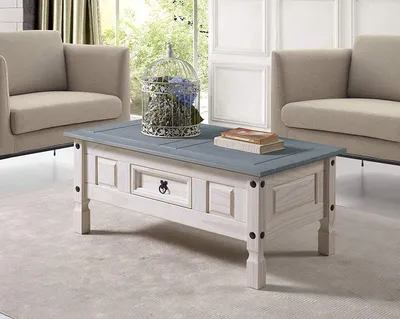 Produktbild von Couchtisch Merida, Pinienholz massiv, Beistelltisch mit Schubfach, weiß lasiert, graue Deckplatte, schwarzer Metallgriff, Mexiko-Möbel