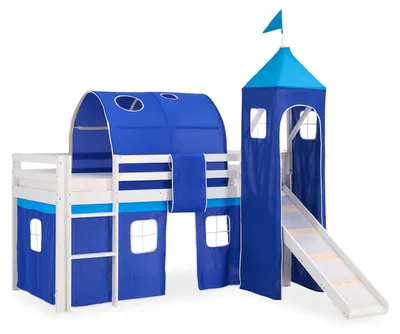 Produktbild von Homestyle4u Hochbett 90x200 mit Rausfallschutz Kinder mit Rutsche Leiter TurmTunnel Vorhang Blau