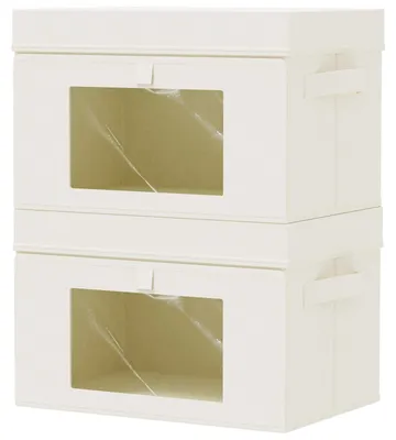 Image de Boîtes de rangement transparentes en tissu, pliables, de couleur beige, lot de 2