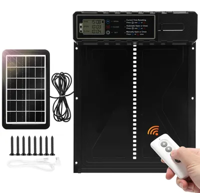 Obrázok produktu pre Automatické dvere pre slepice so solárnym panelom a diaľkovým ovládaním, časovačom, LCD displejom, ochranou proti zaseknutiu, 2000mAh batériou a možnosťou nabíjania cez USB