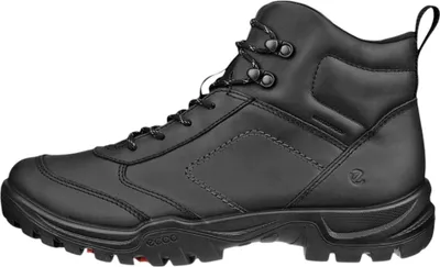 A black leather winter boot shown from the side.