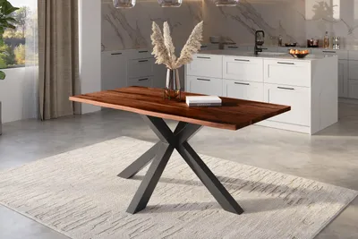 Produktbild von Refurbished Möbelretoure Baumkantentisch Akazie nussbaum mit schwarzen Resin-Adern 160 x 85 cm Spider-Gestell schwarz POLLY