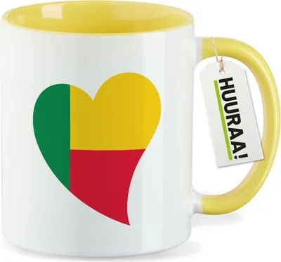Produktbild von Huuraa Kaffeetasse Benin Flagge Herz 330ml Gelb Keramik Kaffeebecher Geschenkidee