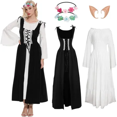 Produktbild von Mittelalter Kleid Damen Schwarz M Renaissance Kostüm mit Elfenohren Kopfschmuck