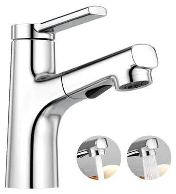 Produktbild von Moderne Waschtischarmatur für das Badezimmer mit 2 Wasserstrahlarten und ausziehbarer Brause, Einhebelmischer für Waschbecken, aus verchromtem Messing