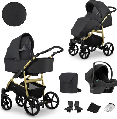 Produktbild von Kinderwagen MATA Sportwagen Babywagen Babyschale Komplettset Kinder Wagen Autositz Set 3 in 1 (MO 07, Rahmenfarbe: gold)
