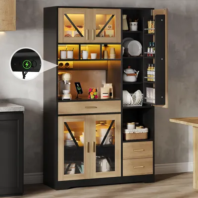 Produktbild von Hochschrank Scheunenstil 185x105x40, Vitrine, verstellbare Böden, Schublade, LED, Steckdosen.
