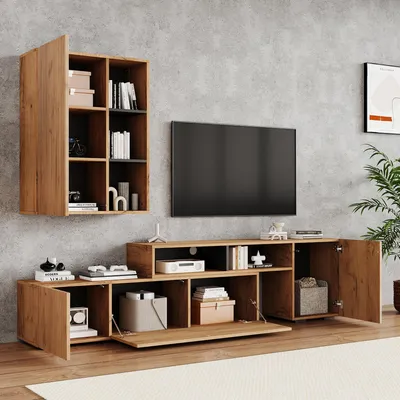 Produktbild von MODFU Wohnzimmermöbel-Set Wohnwände mit stehend&hängend Schrank,mit Standregal und TV-Schrank,Wandschrank-Set mit Holzmaserung,Holzfarbe+Schwarz