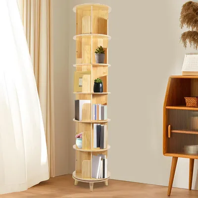 Immagine prodotto di Libreria girevole a 6 ripiani, in legno di pino, organizer a 360°, scaffale angolare per l'organizzazione e lo stoccaggio