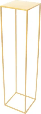 A tall, narrow, gold-colored metal stand with a square base and top.