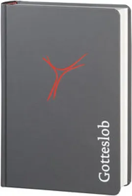 A book with a gray cover and a red symbol on it.