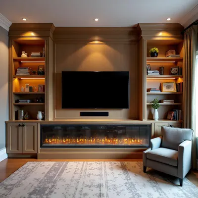 A modern living room setup featuring a large television mounted above a fireplace and built-in shelving units.