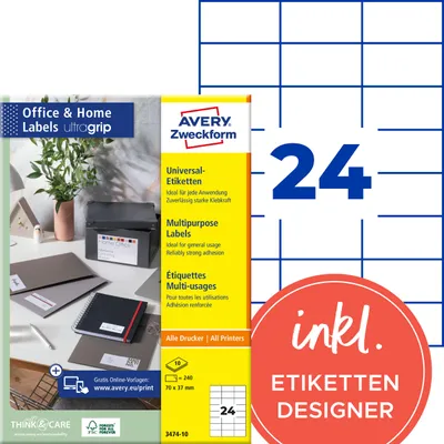 Produktbild von Avery Zweckform 3474-10, Etiketten, Home Office, Kleinpackung, A4, Qualitätsdruck mit: ultragrip, 70 x 37 mm, 240 Etiketten / 10 Bögen, weiß