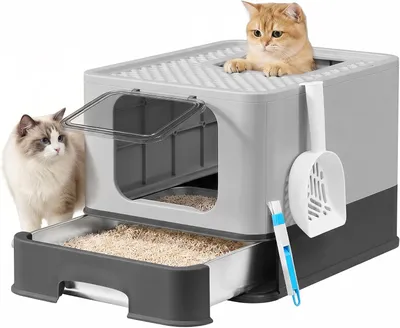 Productafbeelding van Kattenbak - roestvrij staal - met lade en 2 ingangen - 54,3 x 42,5 x 37,8 cm - incl. schep en borstel