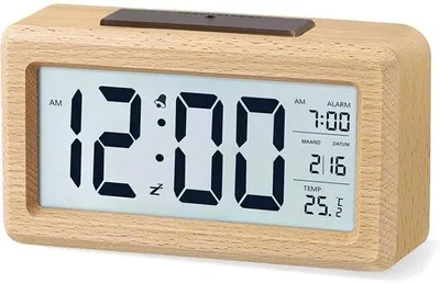 Image de Réveil numérique en bois avec écran LCD - Affichage de la date et de la température - Fonctionnement sur piles - Fonction de démarrage rapide - Horloge électronique - Idéal pour la chambre à coucher et le bureau