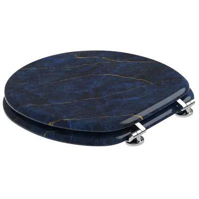 A toilet seat with a dark blue marble pattern and gold veins, shown from a slightly elevated side angle on a white background.