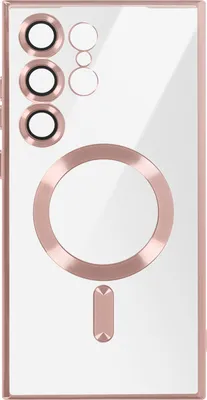 The back of a clear phone case with rose gold accents, showing camera cutouts and a magnetic ring.
