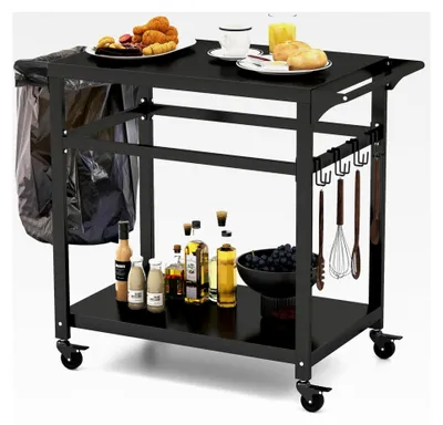 Produktbild von Grillwagen mit Rollen und offenen Ablagen, Pizzatisch mit Haken und Behälterträger, Servierwagen für Küche und Terrasse (2 Ablagen)
