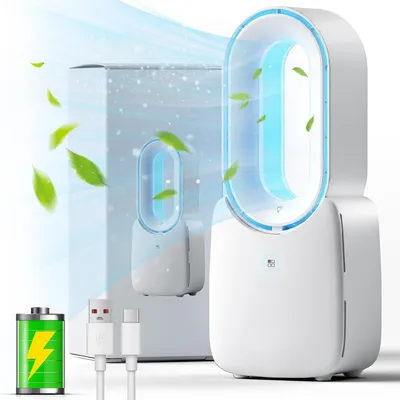 Produktbild von Tischventilator, blattloser Ventilator leise mit 5-farbigem LED-Licht, tragbarer Schreibtischventilator mit Touch-Steueung, Weiß