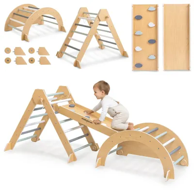 Produktbild von Holz Klettergerüst für Kinder - Montessori Kletterset - XXL - Pikler Dreieck und Bogen mit Rampe - Kletterwand mit Seil - Für drinnen 4–6 Jahre