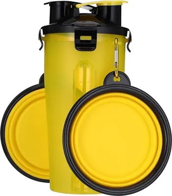Produktbild von Tragbare Hunde-Wasserflasche mit 2 faltbaren Näpfen, 1 Wasserflasche und Futter für Katze und Hund, Spazierengehen, Trainieren, Wandern, Camping, Reiseflasche (gelb)