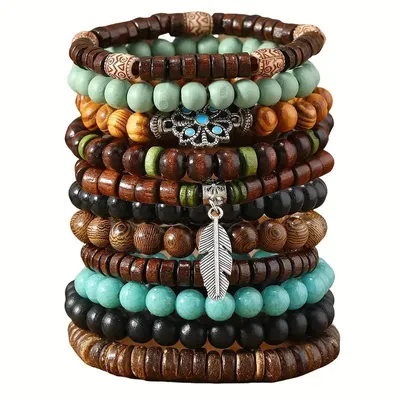 Produktbild von 11er Set Holzperlen Armbänder – Boho & Ethno Look | Elastisches Band Uni | Layering Stapelarmbänder für Damen, Herren, Festival, Strand, Geschenk