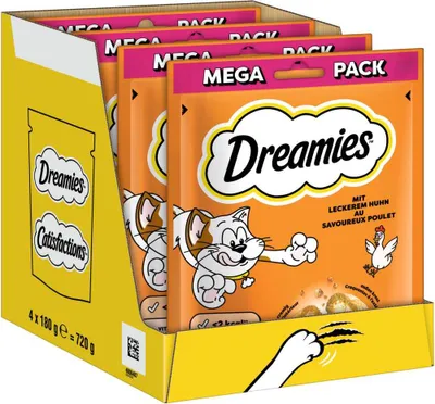 Produktbild von Dreamies Katzensnacks mit Huhn, knusprige Textur, 4 x 180 g