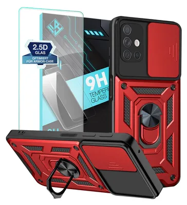 Produktbild von Armor Handyhülle für Samsung Galaxy A51 mit 9H Displayglas Displayschutz Kameraschutz Handy Panzer Case Cover Schutzhülle Outdoor Farbe: Rot