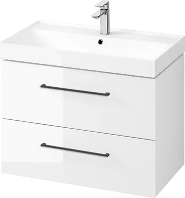 Productafbeelding van BADLAND Badmeubelset: Badkamerkast met keramisch wastafelblad, 2 lades, model LARGA 80, kleur wit, 2 zwarte meugelknoppen