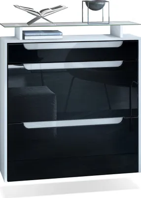 Produktbild von Vladon Schuhschrank Annie, Schuhkipper für 16 Paar Schuhe mit 2 Klappen, 1 Schublade und Glasablage, Weiß matt/Schwarz Hochglanz/Weiß Hochglanz (89 x 96 x 23 cm)