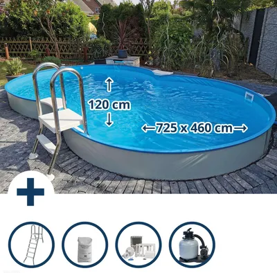 Produktbild von Stahlwandpool Set (5-teilig) halbhoch achtform California 725x 460x120 cm, Stahl 0,6 mm weiß Folie 0,6 mm blau, Einhängebiese