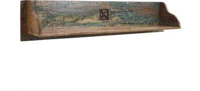 A wooden wall shelf with a distressed, multi-colored finish.