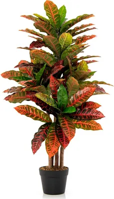 Produktbild von Künstliche Kroton-Palme mit bunten Blättern & Naturholzstämmen, 1 m Hohe Krebsblume im Zementtopf, künstlicher Wunderstrauch für Büro, Zuhause