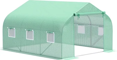 Produktbild von Foliengewächshaus 350x300x200 cm mit Giebeldach, verzinkter Stahlrahmen & PE-Gitterfolie, begehbares Tomatenhaus mit Belüftungsfenstern, UV-beständig