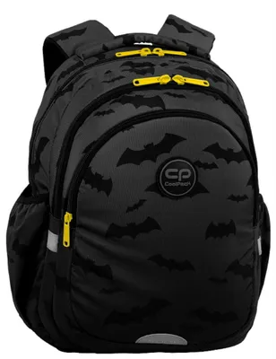 A black backpack with a bat pattern and yellow zippers.
