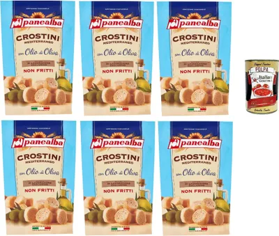 Produktbild von Panealba Crostini Mediterraneo con Olio di Oliva Croutons mit Olivenöl Gesalzener Snack Nicht Gebraten Nicht Frittiertes 6x 100g + Italian Gourmet polpa 400g