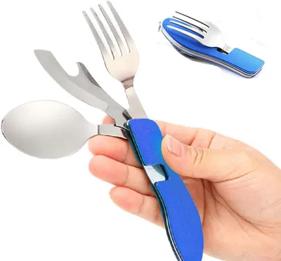 Produktbild von Campingbesteckset 4-in-1, faltbar, Messer, Löffel, Gabel, Flaschenöffner, Edelstahl, blau